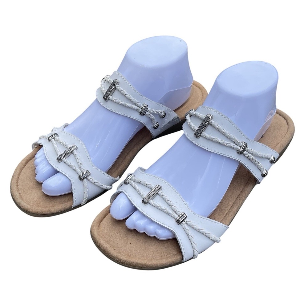 Minnetonka Sandals Womens 10 Slip On Slides White Leather Braided Boho Western